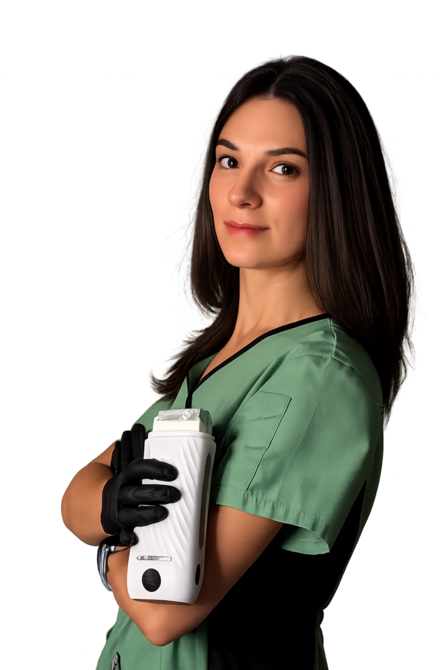 Waxglow Calgary aesthetician holding a waxing device